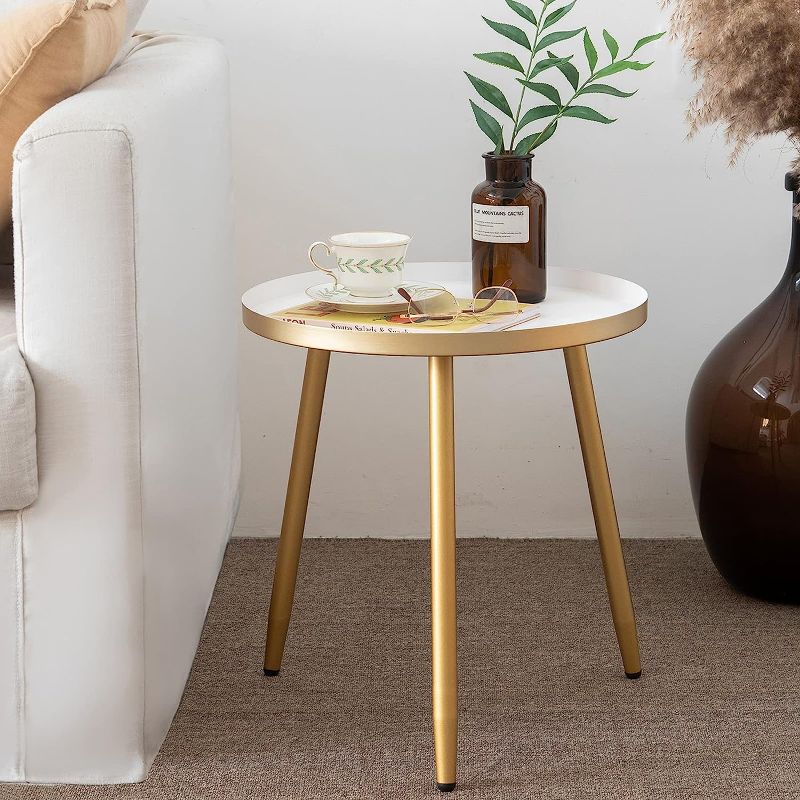 Photo 1 of AOJEZOR Side Table,Bed Side Table Ideal for Any Room-Side Tables Living Room,Side Tables Bedroom,Metal Structure Small Round Side Table Great for Small Spaces,White Tray with 3 Gold Legs End Table