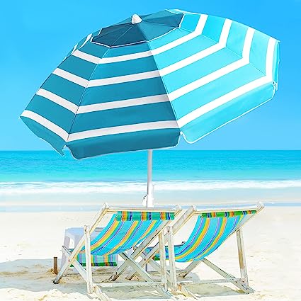 Photo 1 of Beach Umbrella - Beach Umbrella for Sand Wind Portable with Tilt Pole, 6.56 FT Arc Length 5.9 FT Diameter, Heavy Duty Wind Resistant Striped Large Umbrellas, UV 50+ Parasol with Anchor Screw Adjustable Height