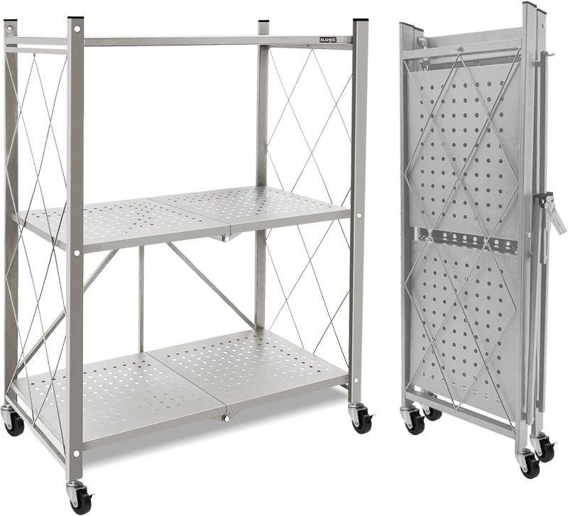 Photo 1 of ALANNG Storage Shelves Heavy Duty on Wheels, 3 Tier Rolling Cart, Metal Shelving Units 28" W x 14" D x 35" H for Garage Kitchen Bakers, Metal Wire, Collapsible/Foldable Organizer Rack, Grey