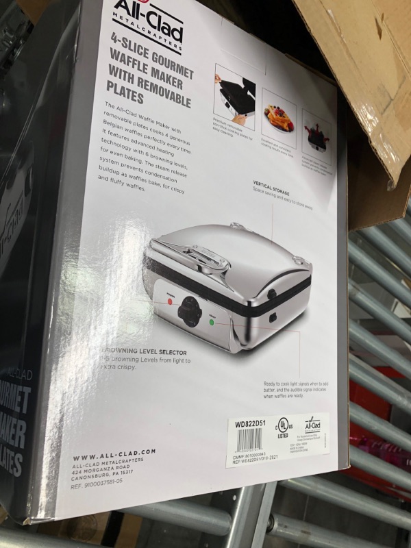 Photo 2 of All-Clad Electrics Stainless Steel Waffle Maker 4 Section Nonstick, Upright Storage 1600 Watts 6 Browning Levels, Square, Belgium Waffle, Removable Plates, Dishwasher Safe Manual