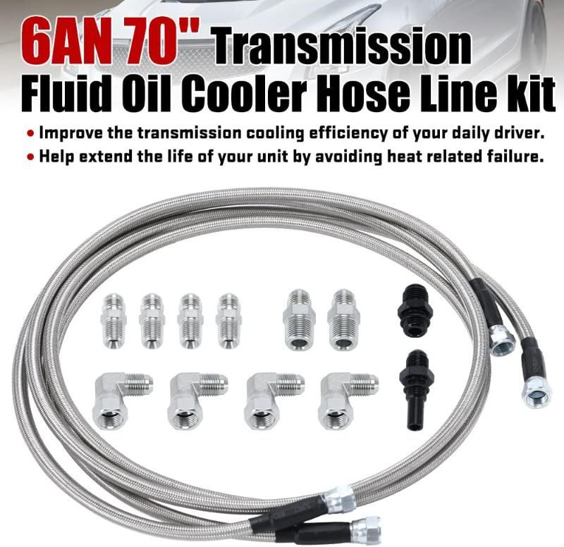 Photo 1 of 6AN 70" Transmission Fluid Oil Cooler Hose Line kit for GM Chevy Transmission 4L80E TH350 TH400 4L60E 700R4 200-4R TR6060 Ford AOD 4R100 4R70W and C5 Stainless Steel Braided PTFE Hose