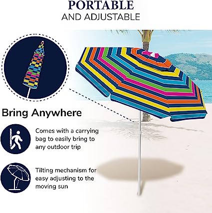 Photo 1 of Caribbean Joe Beach Umbrella, Portable and Adjustable Tilt Sun Umbrella with UV Protection, Vented Canopy, Sand Screw Anchor, Full 7 ft Arc