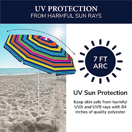 Photo 1 of Caribbean Joe Beach Umbrella, Portable and Adjustable Tilt Sun Umbrella with UV Protection, Vented Canopy, Sand Screw Anchor, Full 7 ft Arc