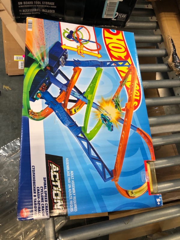 Photo 3 of ?Hot Wheels Track Set and 1:64 Scale Toy Car, 29" Tall Track with Motorized Booster for Fast Racing, Action Spiral Speed Crash Playset???? SHIPS IN OWN CONTAINER