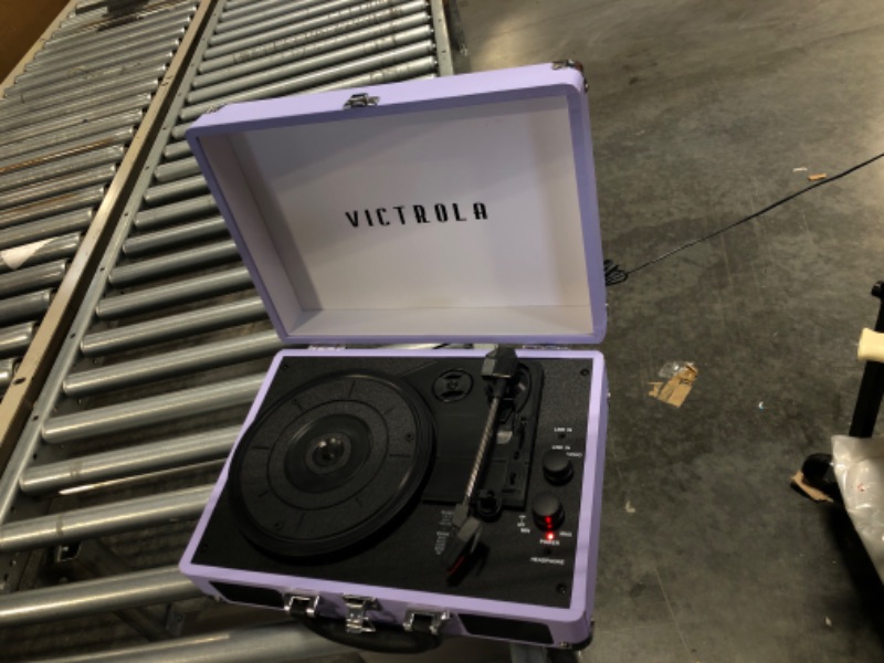 Photo 2 of Victrola Vintage 3-Speed Bluetooth Portable Suitcase Record Player with Built-in Speakers | Upgraded Turntable Audio Sound | Lavender (VSC-550BT-LVG) Lavender/Silver Record Player