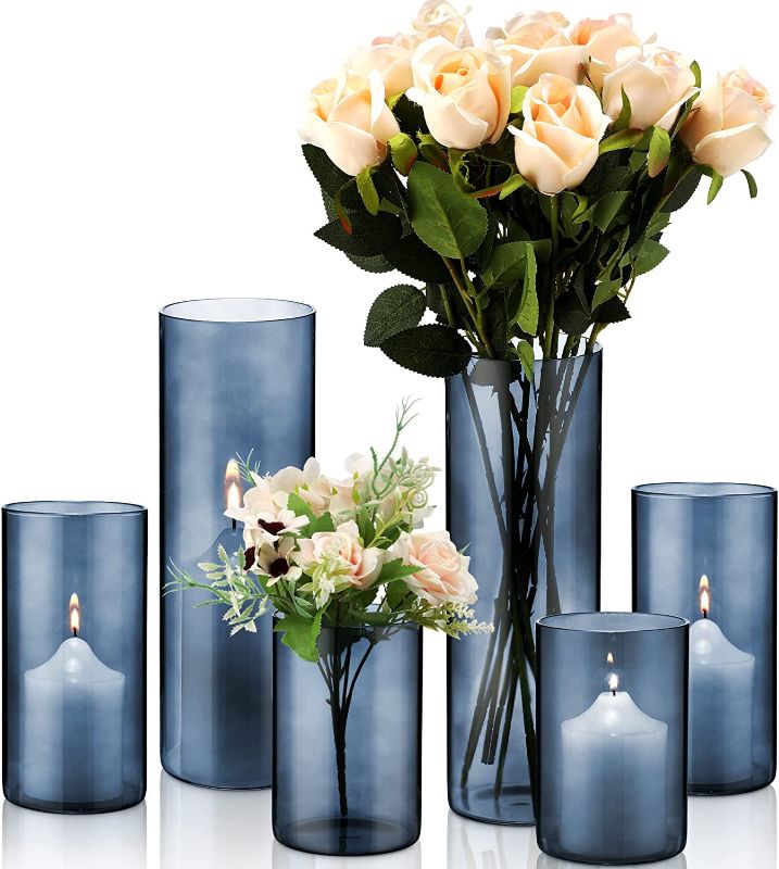 Photo 1 of 6 Pcs Blue Glass Cylinder Vases Hurricane Candle Holders Pillar Candle Holders Vases Blue Vase Candle Holder Clear Glass Flowers Vases for Valentine Wedding Kitchen Table Centerpiece Decoration