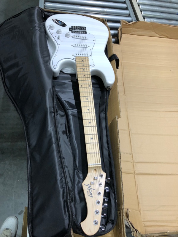 Photo 1 of Monoprice Cali Classic Electric Guitar - White, 6 Strings, Double-Cutaway Solid Body, Right Handed, SSS Pickups, Full-Range Tone, With Gig Bag, Perfect for Beginners - Indio Series White Guitar