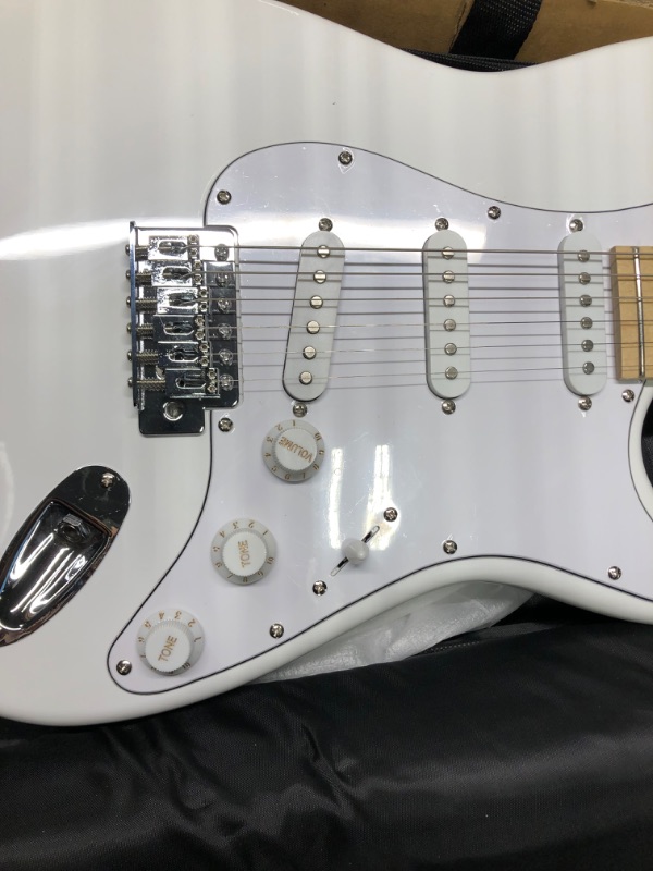 Photo 1 of Monoprice Cali Classic Electric Guitar - White, 6 Strings, Double-Cutaway Solid Body, Right Handed, SSS Pickups, Full-Range Tone, With Gig Bag, Perfect for Beginners - Indio Series White Guitar