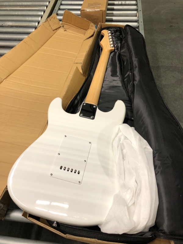 Photo 1 of Monoprice Cali Classic Electric Guitar - White, 6 Strings, Double-Cutaway Solid Body, Right Handed, SSS Pickups, Full-Range Tone, With Gig Bag, Perfect for Beginners - Indio Series White Guitar