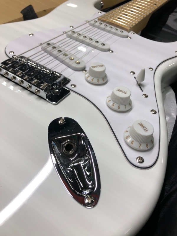 Photo 1 of Monoprice Cali Classic Electric Guitar - White, 6 Strings, Double-Cutaway Solid Body, Right Handed, SSS Pickups, Full-Range Tone, With Gig Bag, Perfect for Beginners - Indio Series White Guitar