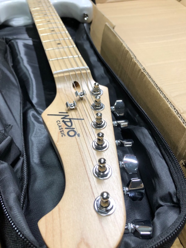 Photo 1 of Monoprice Cali Classic Electric Guitar - White, 6 Strings, Double-Cutaway Solid Body, Right Handed, SSS Pickups, Full-Range Tone, With Gig Bag, Perfect for Beginners - Indio Series White Guitar