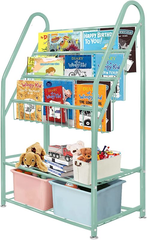 Photo 1 of aboxoo Metal Kids Bookshelf Green Freestanding for Children Room 32 in Toy Organizer Large White Stable Bookcase Bookstore Library Book Unit Storage