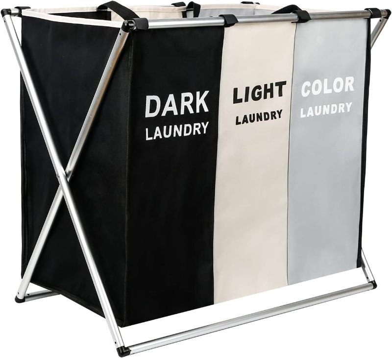 Photo 1 of Laundry Cloth Hamper Sorter Basket Bin Foldable 3 Sections with Aluminum Frame 26''×24''H Washing Storage Dirty Clothes Bag for Bathroom Bedroom Home Storage basket (3 Liner, White+grey+black)