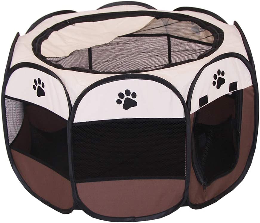 Photo 1 of BODISEINT Portable Pet Playpen, Dog Playpen Foldable Pet Exercise Pen Tents Dog Kennel House Playground for Puppy Dog Yorkie Cat Bunny Indoor Outdoor Travel Camping Use (Small, Coffee - Beige)