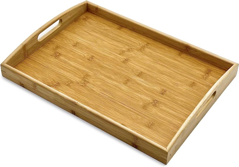 Photo 1 of Bam & Boo - Natural Bamboo Serving Tray Extra Large Rectangular with Handles - for Food, Drinks, Storage, Decor, Vanity, Breakfast, Parties, Weddings, Picnics 12"by 17"