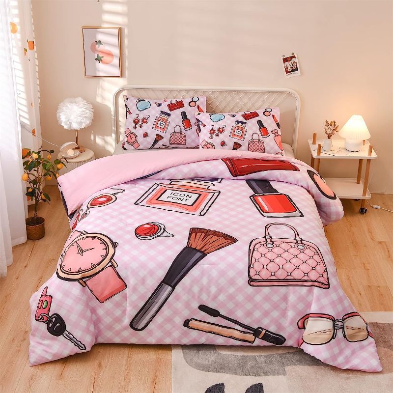 Photo 1 of Aimuan Fashion Girl Comforter Sets Cosmetic Perfume Bag Lipstick Diva Pink Quilt Set Nail Polish Pattern Decorative Quilted 3 Pcs Makeup Bedding Set with 2 Pillowcases (Pink, Full)