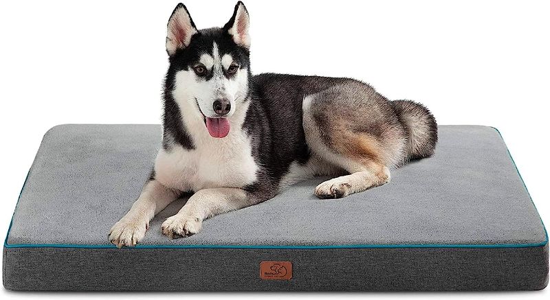 Photo 1 of Bedsure Memory Foam Dog Bed for Large Dogs - Orthopedic Waterproof Dog Bed for Crate with Removable Washable Cover and Nonskid Bottom - Plush Flannel Fleece Top Pet Bed, Grey