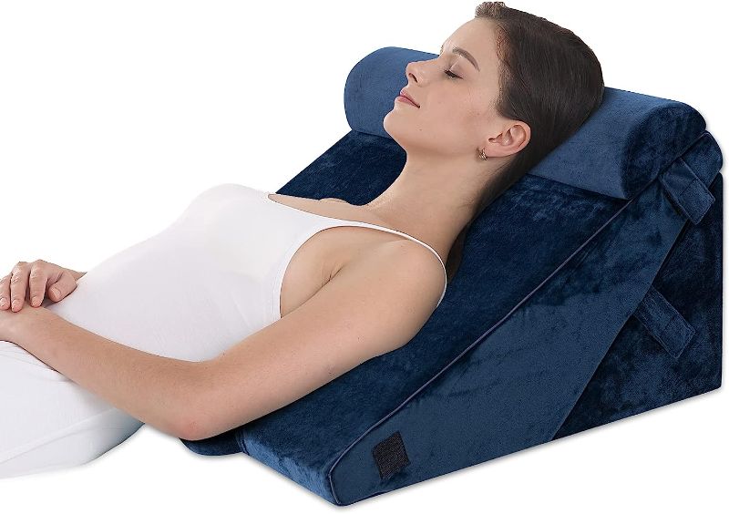 Photo 1 of  Bed Wedge Pillow, Adjustable Folding Orthopedic Wedge Pillow, Memory Foam Incline Cushion System for Snoring, Allergies, Reading, Sleeping, Acid Reflux, Reduce Neck and Back Pain, Navy