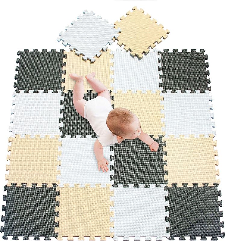 Photo 1 of  Foam Play Mat Thick Soft EVA Interlocking Foam Floor Mats Children Yoga Exercise Multi Jigsaw Puzzle Blocking Board Kids Playmats Play White-Beige-Grey 18 Piece AJL