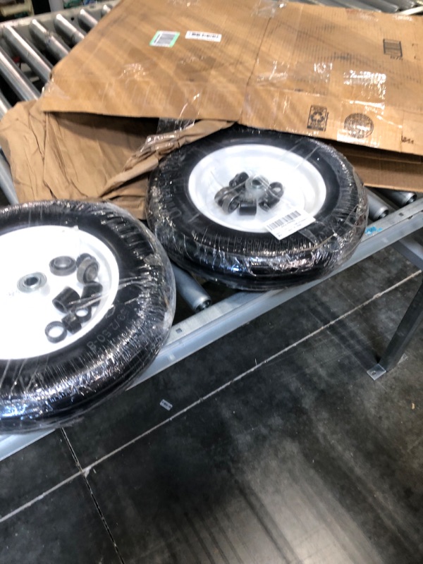 Photo 4 of 14.5"Flat Free Wheelbarrow Tire with 3/4 & 5/8 Wheel Bearing, 3" Hub 13"-16" Universal Fit Air Less Tire 4.80/4.00-8 for Garden Cart Wagon Ribbed Tread Axle hole 16mm Foamed Polyurethane Tire 2Pc