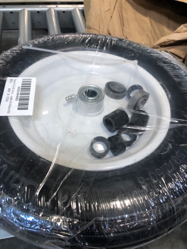 Photo 3 of 14.5"Flat Free Wheelbarrow Tire with 3/4 & 5/8 Wheel Bearing, 3" Hub 13"-16" Universal Fit Air Less Tire 4.80/4.00-8 for Garden Cart Wagon Ribbed Tread Axle hole 16mm Foamed Polyurethane Tire 2Pc