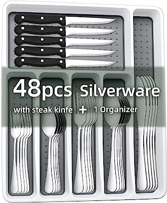 Photo 1 of 49-Piece Silverware Set with Organizer, CEKEE Stainless Steel Flatware Cutlery Set Service for 8, Mirror Polished Kitchen Utensils Set with Steak Knives Included Spoons and Forks Set & Tray