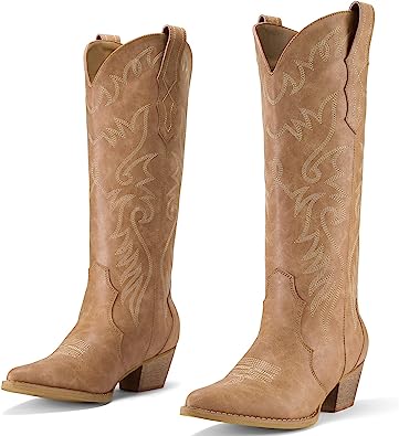 Photo 1 of Rollda Cowboy Boots for Women Embroidered Cowgirl Boots Knee-High Western Boots with Chunky Heel