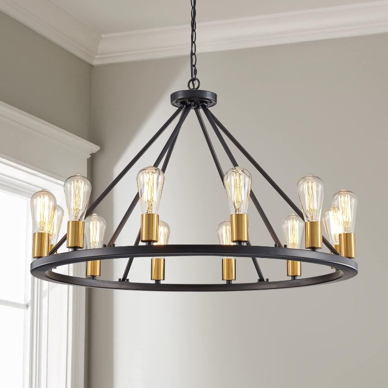 Photo 1 of Saint Mossi Antique Painted Metal Chandelier Lighting with 12 Lights,Rustic Vintage Farmhouse Pendant Lighting Wagon Wheel Chandelier,Black & Brass, H20 x D32