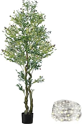 Photo 1 of Worth Garden 7ft Artificial Olive Tree, Realistic Fake Plant with Waterproof 100 LED String Lights, Greenery for Home Office Indoor Outdoor Decor, Black Flowerpot & 20g Dry Moss Included