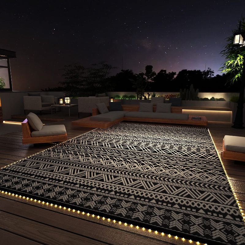 Photo 1 of Boho Style LED Strip Lights Outdoor Reversible Rug Carpet, Waterproof Stain-Resistant Plastic Straw Rug for Patio RV Camping, 9x12 ft