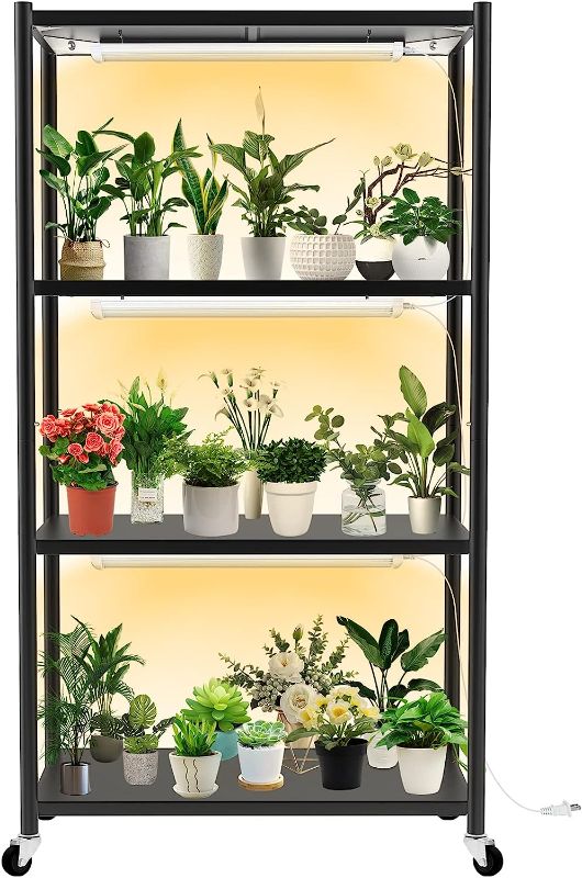 Photo 1 of ADEBOLA Plant Shelf with Grow Lights, 4-Tier Metal Plant Stand with High Intensity 3000K Full Spectrum Grow Lights for Optimal Plant Growth, Heavy Duty Plant Shelf with Wheels for Indoor Plants, Seed Starting, Seedlings(31.5Lx15.7Wx60H, Black)