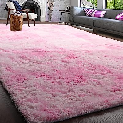 Photo 1 of  Soft Shaggy Area Rugs Fluffy Carpets for Girls Bedroom Teens Room Plush Fuzzy Patterned  Nursery Home Room Floor Accent Decor Fur Rug, Pink and White