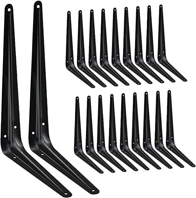 Photo 1 of 20 Pack Shelf Brackets 12 inches, Heavy Duty Black Iron Metal Floating Shelf Bracket, Rustic Farmhouse Decorative L Brackets for Shelves, Wall Mount Corner Brace for Wood Boards