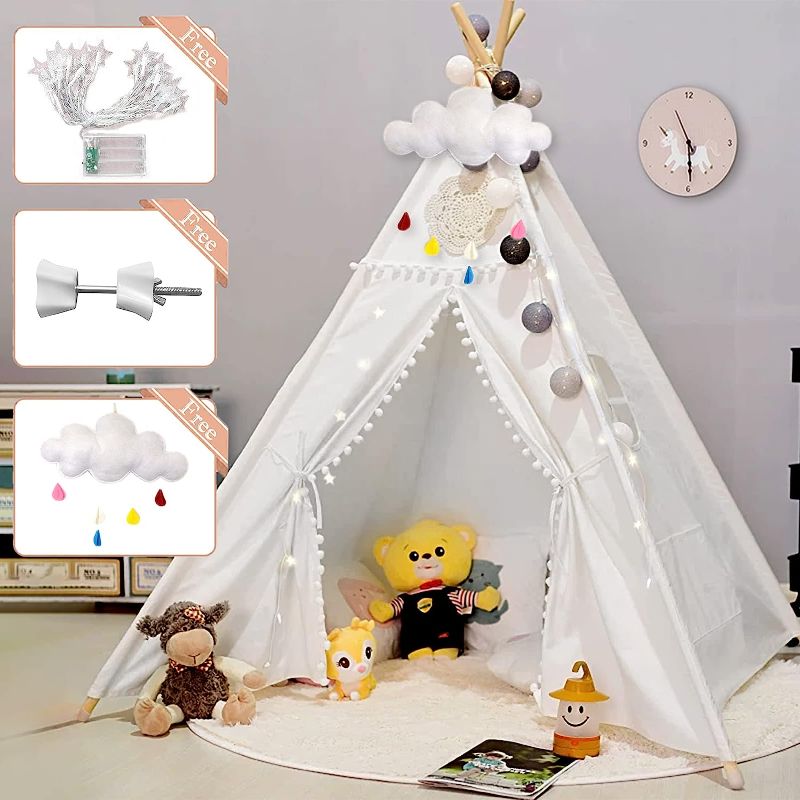 Photo 1 of  Teepee Tent for Kids, Portable Cotton-Linen Kid Tent with Drawstring Bag/Star Lights/Cushioned Cloud, Teepee for Girls & Boys Indoor & Outdoor Play Tent Camping Tent (Pole Length 70.9")