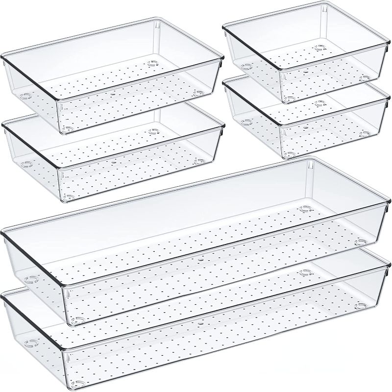 Photo 1 of 6 Pack Clear Plastic Drawer Organizer Set, Acrylic Non Slip Non Cracking Kitchen Drawer Storage Tray Large Size Divider, Multifunctional Storage for Cosmetics, Bathroom, Tools, Kitchen and Office