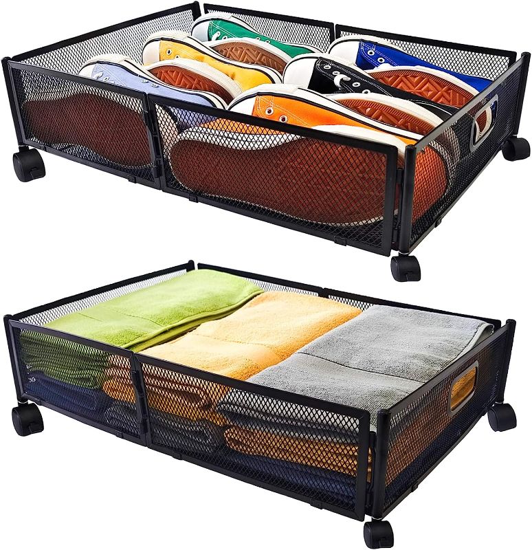 Photo 1 of Under Bed Storage,Metal Foldable Under Bed Shoe Storage With Wheels,2 Pack Under Bed Toy Storage,Under Bed Storage with Wheels,Under Bed Storage Containers,Under Bed Shoe Storage Organizer with Handle,Under Bed Rolling Storage for Clothes Shoes Blankets (