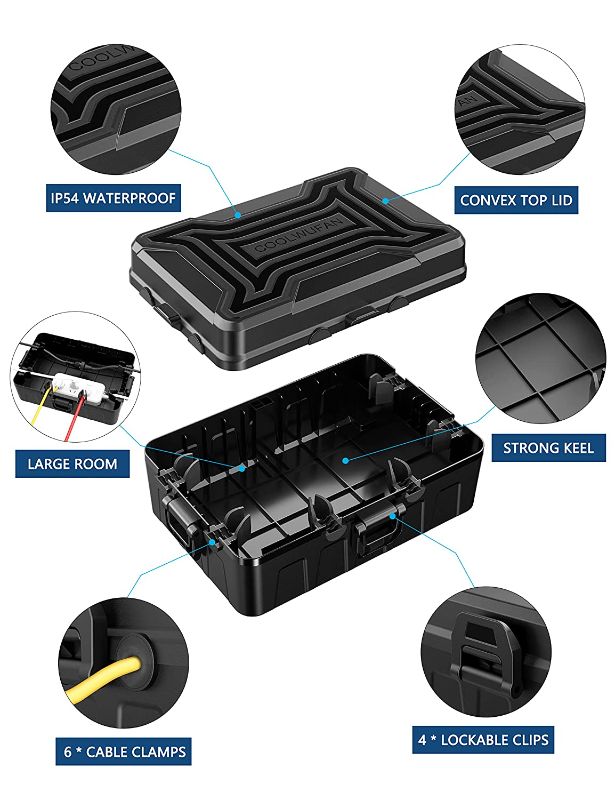 Photo 1 of COOLWUFAN Outdoor Electrical Box Waterproof, 3 Directions Waterproof Extension Cord Connection Cover Box with 6 Entry Ports Protect Outlet, Socket, Plug, Power Strip, Holiday & Landscape Light, Black
