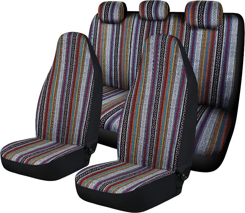 Photo 1 of AKAUTO High Back Baja Saddle Blanket Car Seat Covers Full Set, Washable and Breathable Automotive Seat Cover, Universal Colorful Striped Woven Interior Cover for Sedan, SUV, Truck, Airbag Compatible
