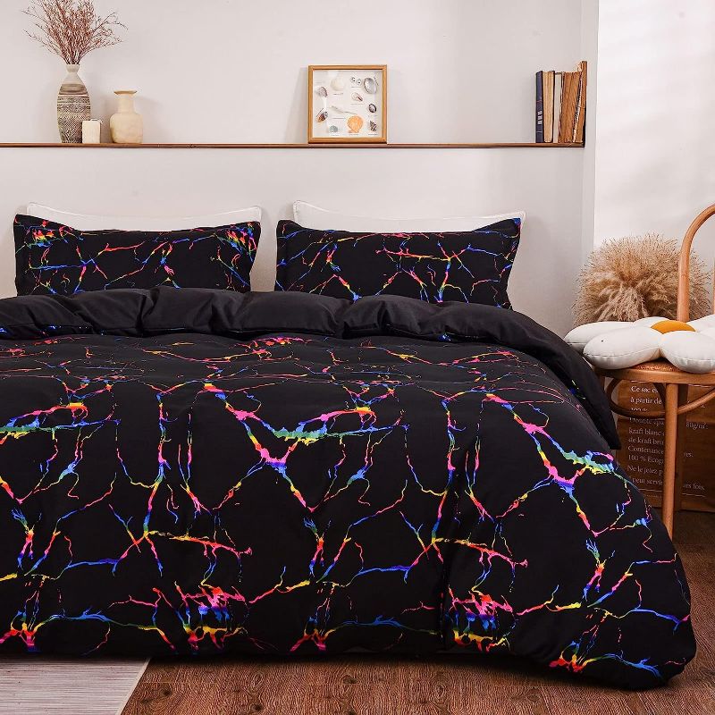 Photo 1 of A Nice Night Marble Comforter Set, Gold Metallic Colorful Foil Print Glitter Bedding Set (Queen,Black)
