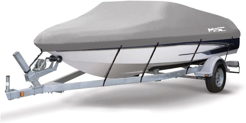 Photo 1 of  Heavy Duty 600D Marine Grade Polyester Canvas Trailerable Waterproof Boat Cover,Fits V-Hull,Tri-Hull, Runabout Boat Cover (Model C - Length:16'-18.5' Beam Width: up to 94", Gray)
