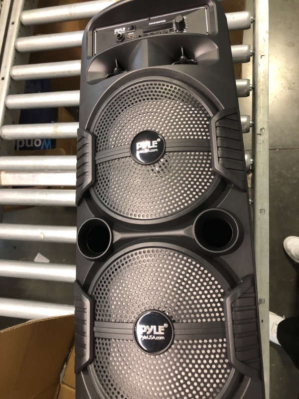 Photo 2 of Pyle Portable Bluetooth PA Speaker System - 600W Rechargeable Outdoor Bluetooth Speaker Portable PA System w/ Dual 8” Subwoofer 1” Tweeter, Microphone In, Party Lights, USB, Radio, Remote - PPHP2835B