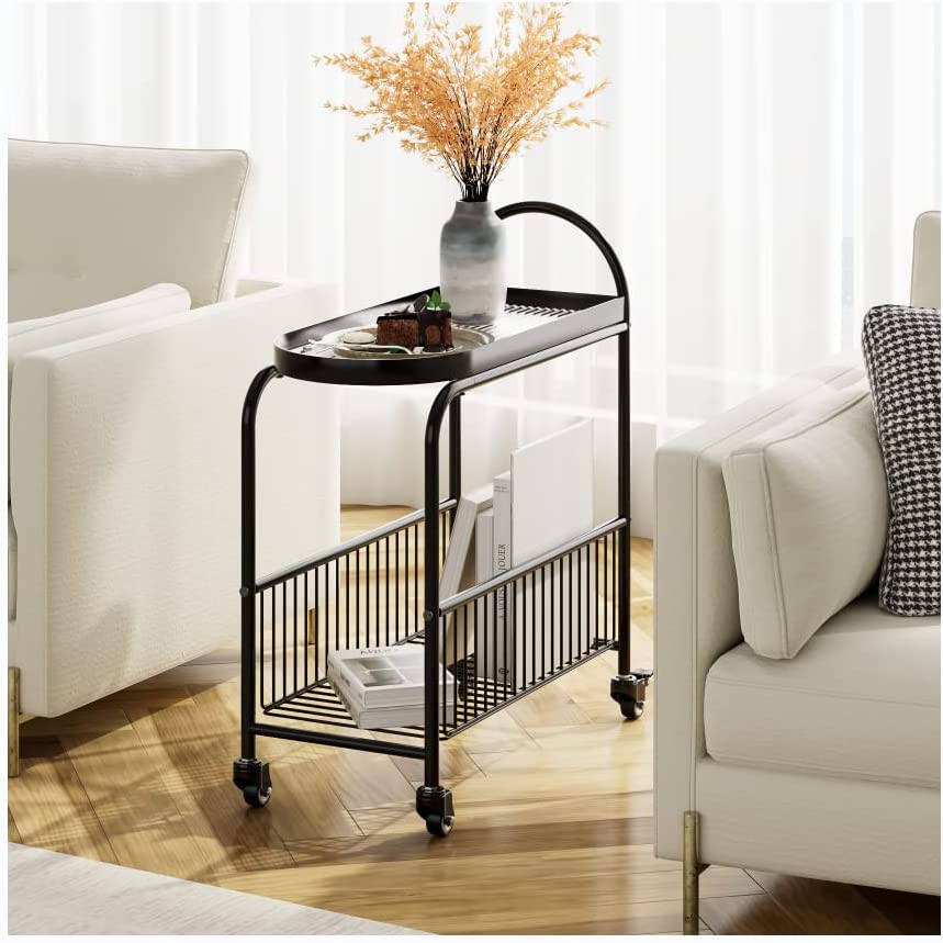 Photo 1 of AEPOALUA Small Bar Cart, Boho Mobile Tempered Glass Side Table with Wheels and Metal Frame, Mini Bar Cart with Storage for Living Room, Bedroom, Bathroom, Kitchen, Indoor, Patio, Black
