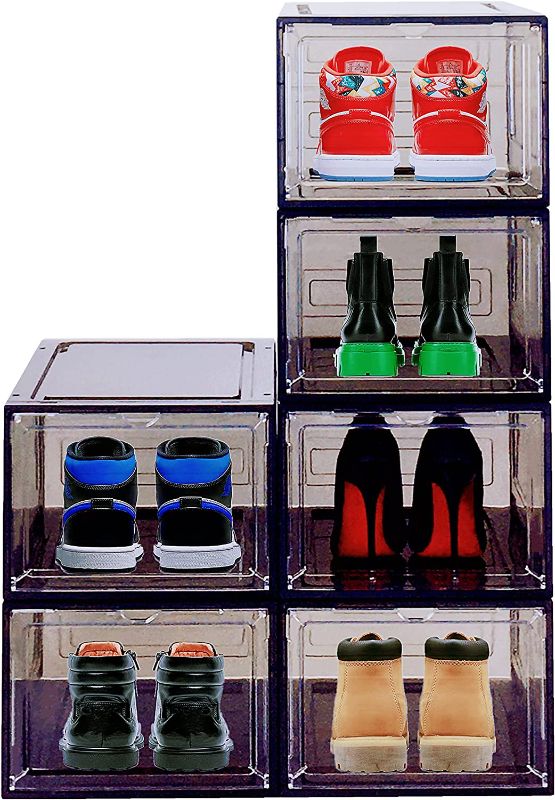 Photo 1 of  6 Pack Shoe Organizer for Closet, Shoe Storage Container with Lids, Clear Shoe Box Stackable, Thick Hard Plastic, Drop Front Door, Within US Size 12, Outside Size: 13.54”x10.63”x7.48”(smoky)
