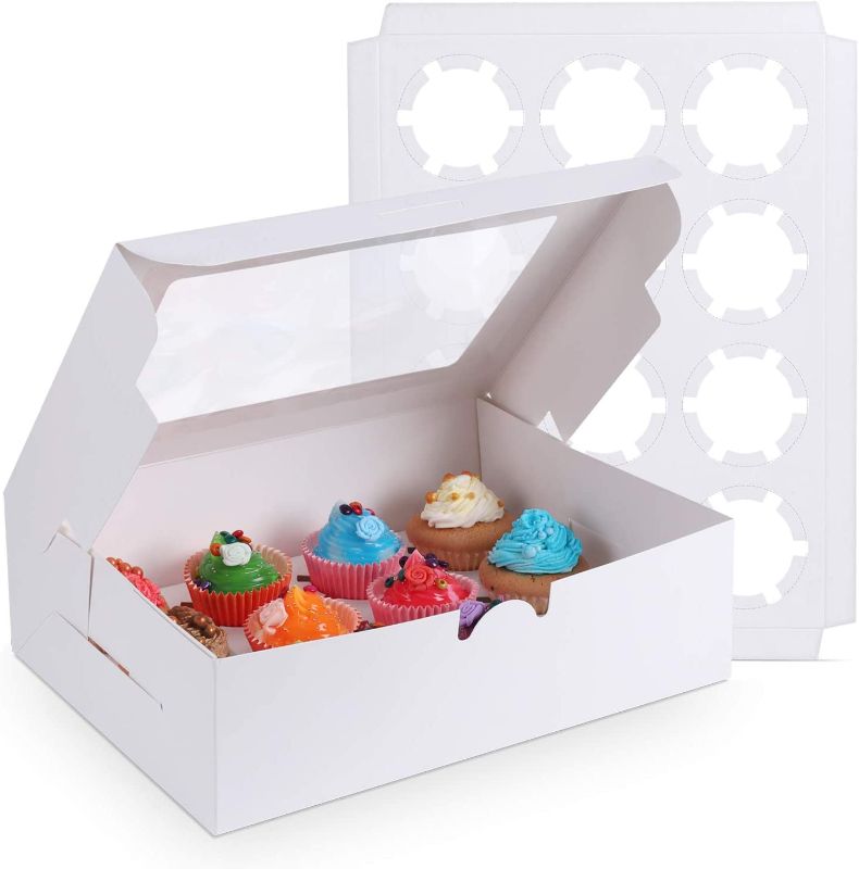 Photo 1 of 15-Packs] White Cupcake Boxes 12 Holders Standard Cupcakes, Cupcake Containers Carrie Holders for Cookies, Muffins and Pastries13.8 x 9.5 x 4inch with Inserts and PVC Windows