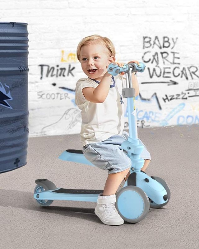 Photo 1 of Mountalk Toddler Foldable Scooter for Kids, 3 Wheels Scooter for Boys and Girls with Adjustable Heights and LED Wheels 2 in 1 - Blue