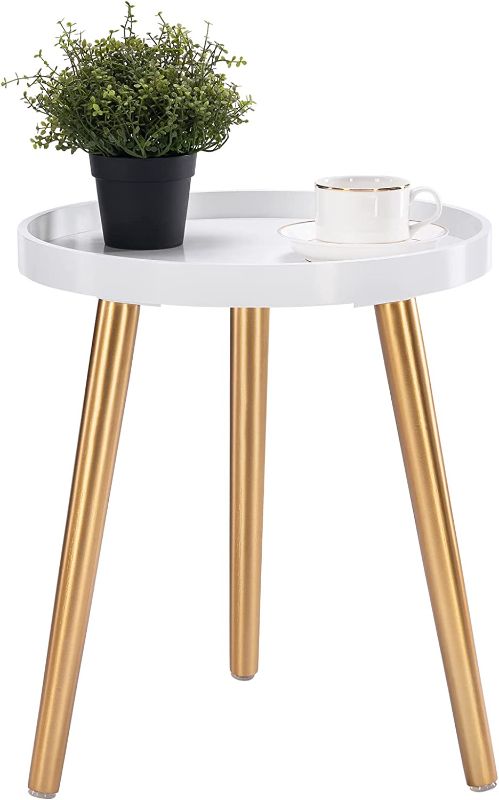 Photo 1 of Apicizon Round Side Table, White Gold Tray Nightstand Sofa Coffee Table End Table for Living Room, Bedroom, Small Spaces, Easy Assembly Bedside Table, 15 x 15 x 18 Inches
