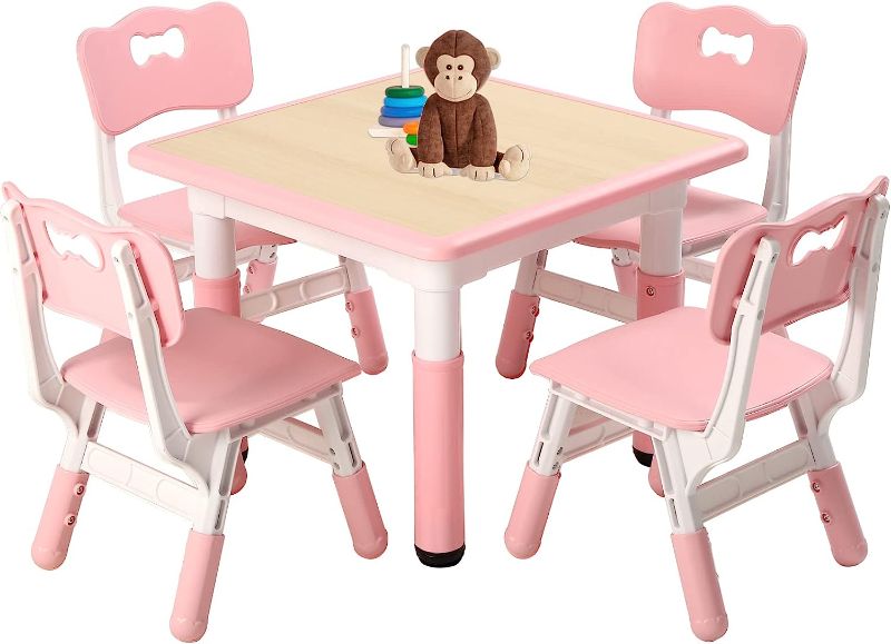 Photo 1 of FUNLIO Kids Table and 4 Chairs Set, Height Adjustable Toddler Table and Chair Set for Ages 3-8, Easy to Wipe Arts & Crafts Table, for Classrooms/Daycares/Homes, CPC & CE Approved (5-Piece Set) - Pink
