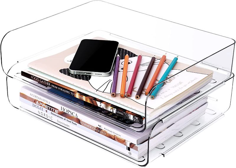 Photo 1 of Tomorotec Desk Letter Tray Set, A4 Size Clear PET Stackable Document Organizer Office Desktop File Paper Holder Book Storage Rack Side Load Anti-Skid Stacking Support Convex Bottom (2X Landscape)