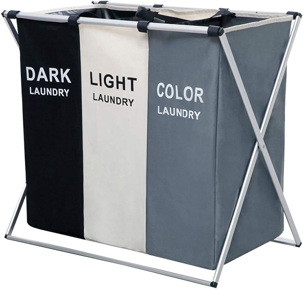 Photo 1 of Nicesail 3 Section Laundry Basket Printed Dark Light Color, Foldable Hamper/Sorter with Waterproof Oxford Bags and Aluminum Frame, Washing Clothes Storage for Home, Dormitary