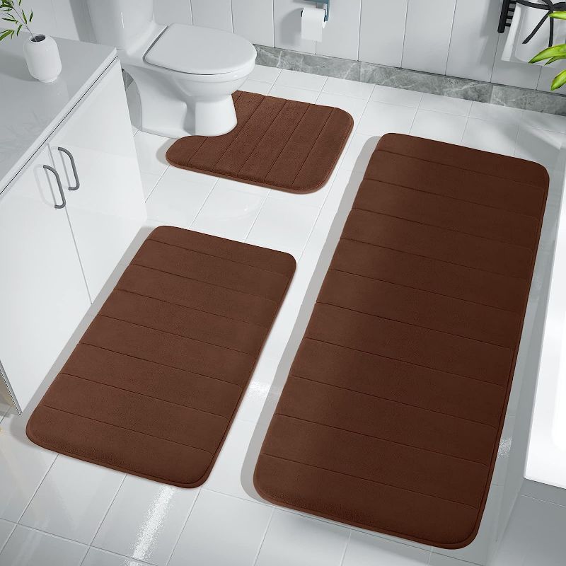 Photo 1 of ****MISSING LARGER RUG!*** Yimobra 2 Pieces Memory Foam Bath Mat Sets, 44.1x24 + 31.5x19.8 and U-Shaped for Bathroom Rugs, Toilet Mats, Non-Slip, Soft Comfortable, Water Absorption, Machine Washable, Brown
